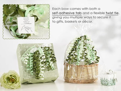 HUIHUANG Green Bows for Gift Wrapping Moss/Sage/Ivory Curly Bows with Self Adhesive & Twist Tie, 7 inch Sheer Satin Ribbon Bow for Presents, Gift Basket, Wedding Decor, Party Favors- 6 Counts