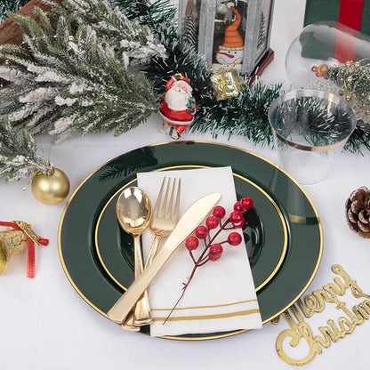 SUT 350PCS Green and Gold Plastic Plates for 50 Guests, Disposable Plates and Napkins Party Supplies, Gold Plastic Silverware, Plates, Cups and Napkins Sets，Party Plates and Cups and Napkins Sets