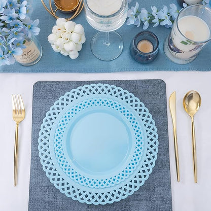 COLOSUS 60Pcs Blue Plastic Plates, Fancy Blue Hanukkah Plates, Nice Scallop plates,Heavy Duty Lace Hollowed Out Plate Set include 30 Dinner Plate 10” and 30 Salad/Dessert Plate 7.5”for Hanukkah