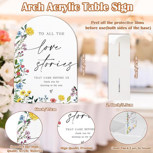 Acrylic Wedding Signs To All The Love Stories That Came Before Us, 6x8" Floral Themed Arch Acrylic Dessert Table Decor, Love Is In Bloom & Baby In Bloom Decorations for Baby Shower Bridal Shower