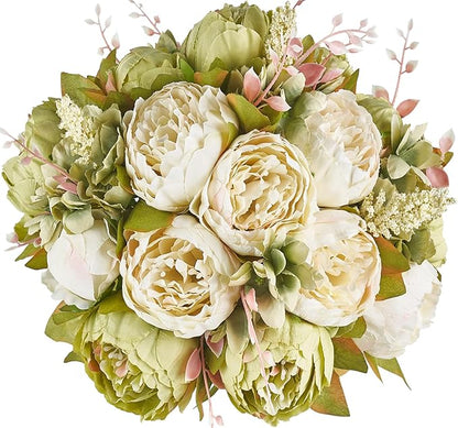 Mkono Peonies Artificial Flowers, 2 Packs 13 Stems Faux Peony Flowers Real Touch Fake Silk Bouquet for Arrangements Dining Table Centerpieces for Kitchen Bridal Wedding Party (2, New Green)