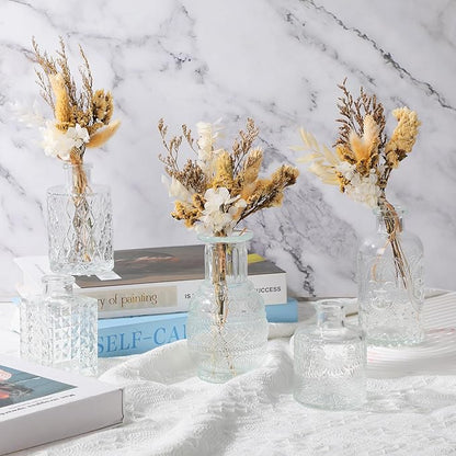 Yerliker 24pcs Glass Bud Vase Set with 24pcs Dried Flower Bouquet, Small Glass Vase Clear Bud Vases in Bulk and Boho Dried Flower Bouquet for Centerpieces Rustic Wedding Decor Home DIY Craft