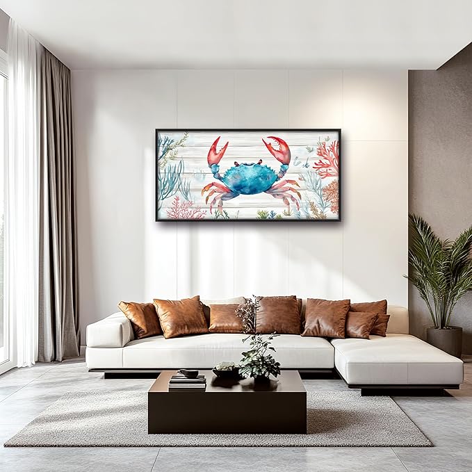 Crab with Coral Large Decor Framed Wall Art Ocean Pictures for Living Room, Nautical Oversized Canvas Print Painting Modern Extra Large Framed Artwork for Bedroom Office Home Decor 60"x30"