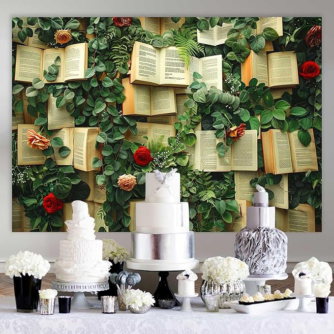 7x5FT Books Theme Photo Backdrop Books Red and Pink Rose Flowers Wall Floral Bridal Shower Backdrops Kids Birthday Girls Wedding Party Decoration Supplies Photo Booth Props KUBDJ976