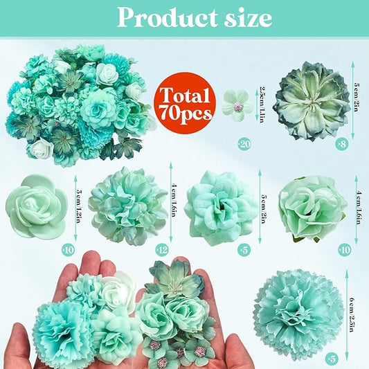 70 pcs Mini Artificial Flowers Heads Mint Green Silk Peony Daisy Rose Bulk Mix Flower Heads Faux Rose for Crafts Graduation Wedding Baby Shower DIY Home Party Decoration