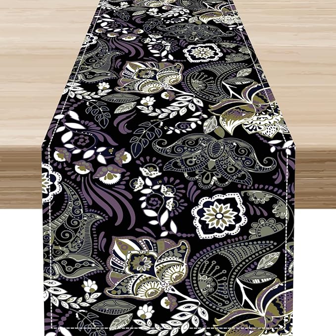 Retro Paisley Table Runner, Rustic Traditional Farmhouse Boho Floral Print Linen Coffee Table Center Decor for Family Kitchen Farmhouse Holiday Party Table Decorations Indoor Outdoor 13x36 inch