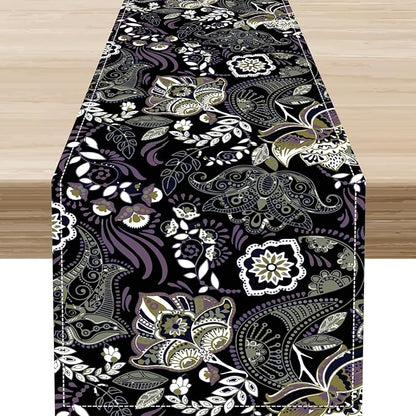 Retro Paisley Table Runner, Rustic Traditional Farmhouse Boho Floral Print Linen Coffee Table Center Decor for Family Kitchen Farmhouse Holiday Party Table Decorations Indoor Outdoor 13x108 inch