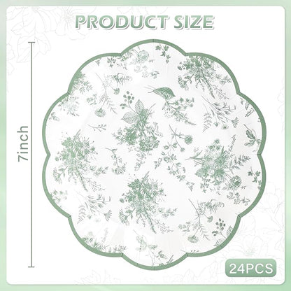 24Pcs Sage Green Floral Party Plates Vintage Floral Leaf Disposable Paper Plates Wildflower Toile 7" Scalloped Rim Dessert Plate for Christmas Birthday Bridal Tea Party Supplies