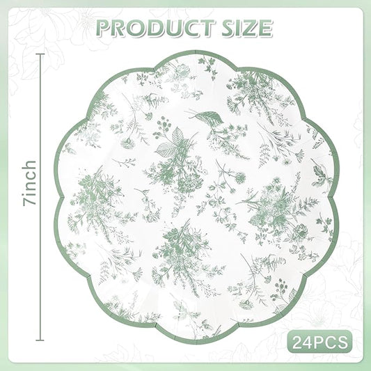 24Pcs Sage Green Floral Party Plates Vintage Floral Leaf Disposable Paper Plates Wildflower Toile 7" Scalloped Rim Dessert Plate for Christmas Birthday Bridal Tea Party Supplies