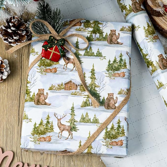 MAYPLUSS Christmas Wrapping Paper Roll - 17 In x 33 Feet - Cute Watercolor Christmas Tree Deer Bear Log Cabin Gift Wrap Paper for New Year, Holiday, Kids