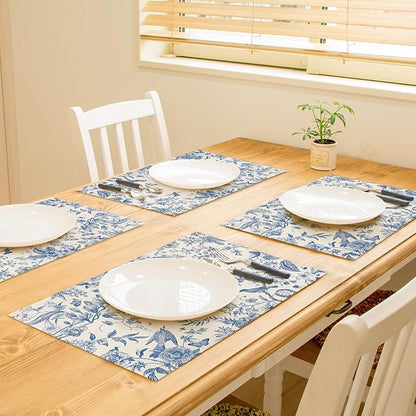 6Pcs Blue White Floral Placemats Flower Birds Branches Table Place Mats 12 x 18 in Vintage Non-Slip Heat Resistant Kitchen Dinner Mat for Home Dining Table Decoration