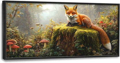 Forest Fox Large Wall Art Framed Rustic Wall Decor for Living Room Fox Mushroom Pictures Oversized Canvas Print Painting Modern Extra Large Framed Artwork for Bedroom Office 60"x30"
