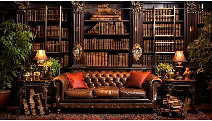 Vintage Luxury Library Bookshelf Backdrop School Library Bookshelf Collection Photography Background Home Office Sofa Business Conversation Room Retro Books Shelves Background Videos Prop 8x6ft
