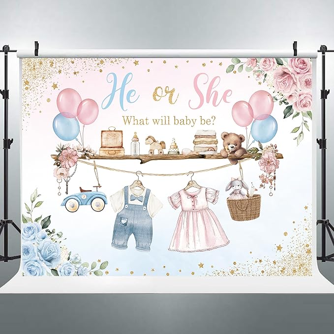 Riyidecor Gender Reveal Backdrop Polyester Fabric He or She Pink Blue Baby Shower Watercolor Flower Balloon Floral 8Wx6H Feet What Will Baby Be Photography Background Newborn Photo Studio Shoot