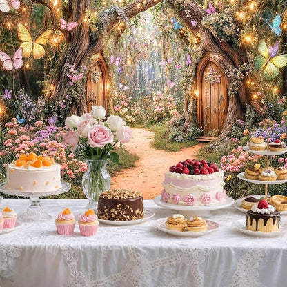 5X3ft Enchanted Forest Backdrop Fairy Tale Magic Garden Wonderland Floral Butterfly Photography Background for Kids Girls Baby Shower Birthday Party Decoration Cake Table Photo Booth Props