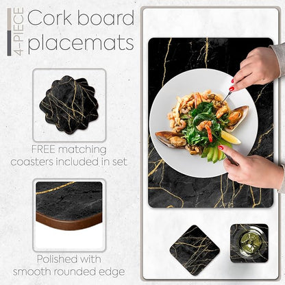 Set of 4 Heat Resistant Cork Placemats for Dining Table with Free Set of 4 Matching Drink Coasters Marble Design 16 x 12 Inches Cork Backed Hard Placemats (Black & Gold)