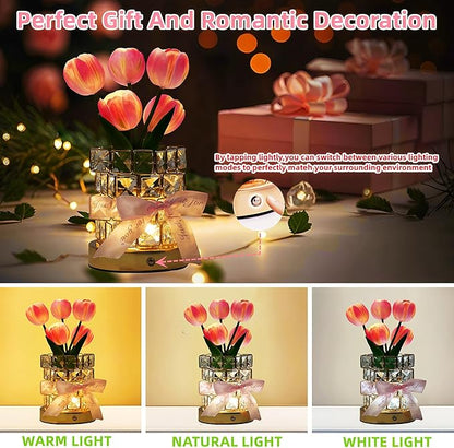 Tulips Flower Lamp,Rechargeable Cordless Touch Table Lamp for Bedroom,3-Colour Dimming Small Night Light,Crystal Bedside Lamps with USB Charge,Birthday Christmas Gifts for Women,Mom (Tulips Flower)