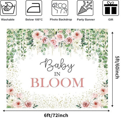 Avezano Baby in Bloom Backdrop Sage Green Leaves with Pink Flowers Baby Shower Party Decorations Baby Girl's Greenery Floral Nature Theme Photography Background Cake Table Banner (6x5ft(72x60in))