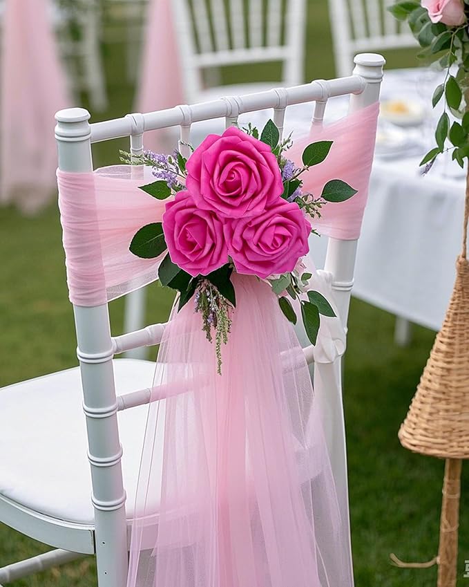 DuHouse 25Pcs Artificial Roses Flowers Fake Roses with Stems Real Touch Foam Flowers for DIY Wedding Bouquet Baby Shower Centerpiece Floral Arrangement Party Home Decor (Hot Pink)