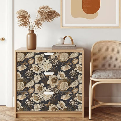 Floral & Birds Peel and Stick Wallpaper Antique Gold Dark Self Adhesive Removable Floral Wallpaper for Bedroom Renter Friendly Floral Contact Paper for Bedroom Bathroom Walls Shelf Liner 17.7"x118.1"