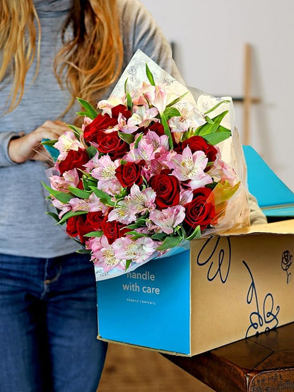 Benchmark Bouquets - Lovely Roses & Alstroemeria (Glass Vase Included) - Fresh Flowers for Delivery - Gift for Graduation, Birthday, Anniversary, Sympathy, Get Well, Congratulations