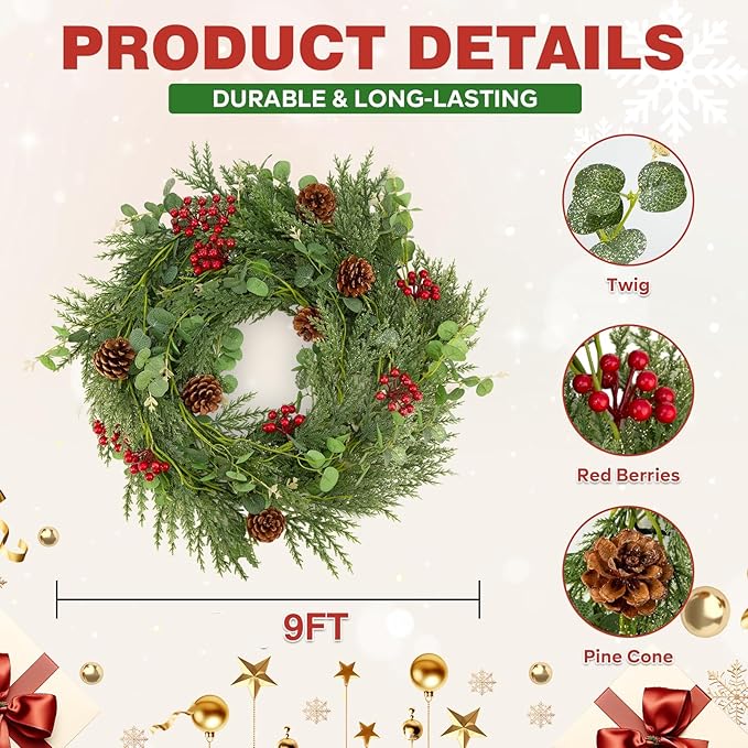 2PCS 9FT Christmas Decorations Cedar Garland, Realistic Soft Pine Wreath, Artificial Green Faux Cedar Pine Garland for Fireplace Mantle Indoor Outdoor Holiday Party Home Decor(2,9FT)