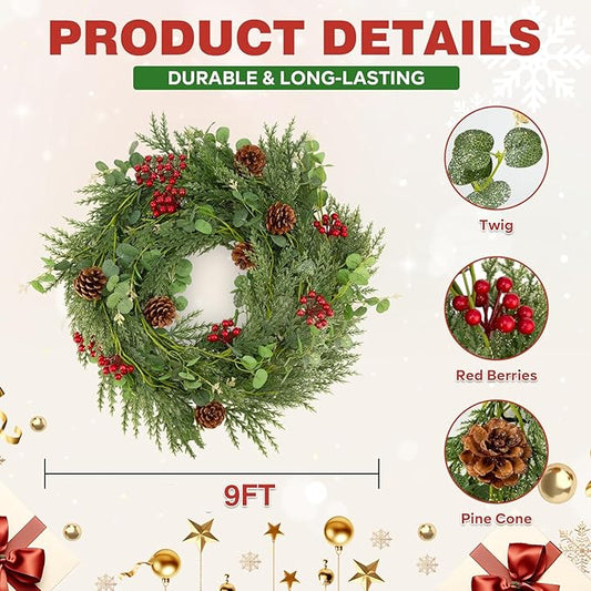 2PCS 9FT Christmas Decorations Cedar Garland, Realistic Soft Pine Wreath, Artificial Green Faux Cedar Pine Garland for Fireplace Mantle Indoor Outdoor Holiday Party Home Decor(2,9FT)