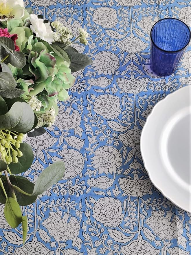 ATOSII Azora Blue 100% Cotton Rectangle Summer Tablecloth, Block Print Floral Table Cloth for Dining, Outdoors, Parties, Weddings I Grand Millenial Decor 60 X 90 Inches I 6 Seater I Memorial Day