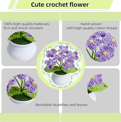 Crochet Flowers Cute Handmade Knitted Potted Flower Plants Gift for Women Female Teacher Birthday Anniversary Valentines Christmas Decor for Car Dashboard Home Room Office Desk Decorations