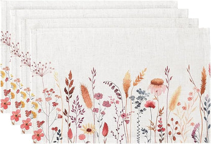 QIYI Boho Placemats Set of 4, 12x18 Inch Linen Fabric Floral Place Mats for Kitchen Dinning, Farmhouse Rustic Cloth Table Mats, Washable Placemat Party Table Décor, Autumn Wildflowers