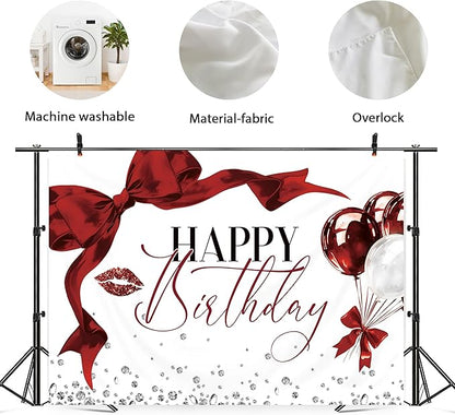 Burgundy Bow Happy Birthday Banner Backdrop 7Wx5H Photography Girls Coquette Birthday Decorations Red Balloons Background Women Bachelorette Party Decorations Banner Photo Booth Props Supplies