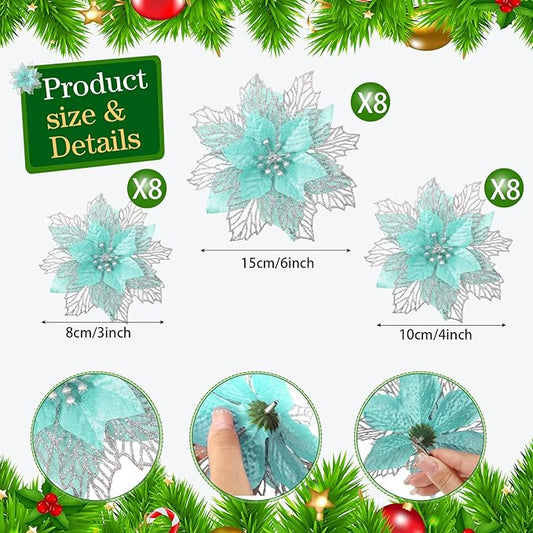 Geosar 24 Pieces Christmas Glitter Poinsettia Flowers Layered Artificial Xmas Flowers Wedding Christmas Tree New Year Ornaments 3/4/6 Inch(Light Green)