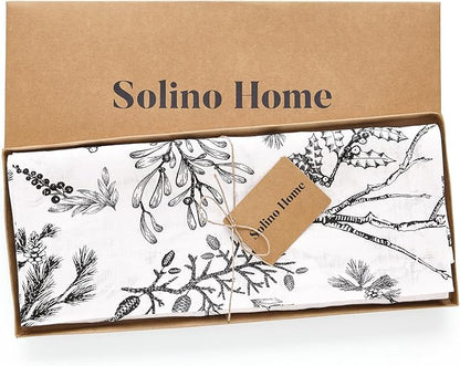 Solino Home 100% Pure Linen Christmas Table Runner 72 Inches Long - Black/White Table Runner 14 x 72 Inch - Handcrafted and Machine Washable - Winter Forest Print