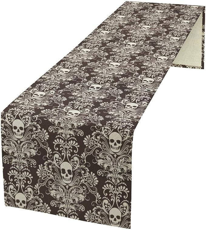 Gothic Table Runner,Damask Skull Victorian Black Floral Boho Table Runner for Home Kitchen Table Dining Garden Farmhouse Wedding Party Decor 13x36 Inch