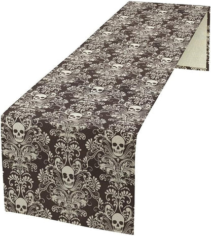 Gothic Table Runner,Damask Skull Victorian Black Floral Boho Table Runner for Home Kitchen Table Dining Garden Farmhouse Wedding Party Decor 13x70 Inch