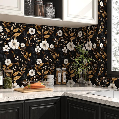 Vintage Black Floral Wallpaper Peel and Stick 17.4" x 118", Retro Golden Leaf White Flower Pattern Contact Paper Classic Removable Covering for Bedroom Bathroom Cabinet Drawer Home Decor Dark