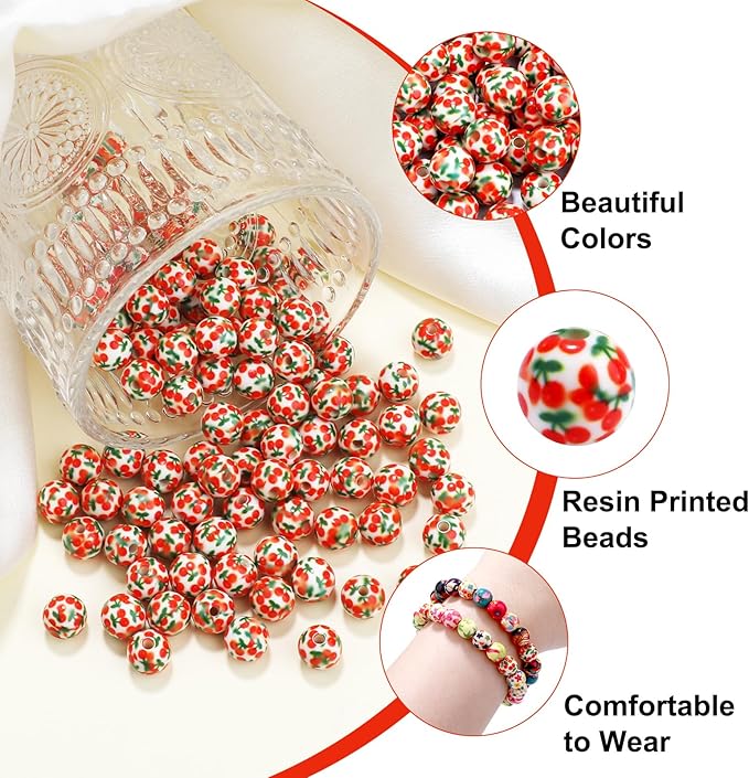 100 PCS 10mm Resin Beads Bulk for Bracelet Making Kit, Cherry Pattern Printed Round Loose Beads for Jewelry Earring Necklace Rings Art Craft DIY Projects