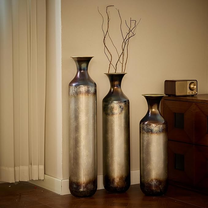 Floor Vases, Tall Home Decor Metal Vase Set of 3 Large Glazed Decorative Vases for Wedding Decor, Elegant Modern Flower Holder for Living Room, Entryway, Hallway, Dining Room