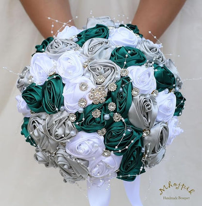 Bridal Wedding Bouquet Round Bling Brooch Bouquet Throw Toss Artificial Rose Flower Bunch for Bride Bridesmaid Wedding Quinceanera(Dark Green, Silver & White, 6.3")