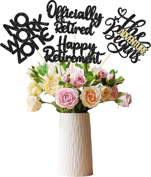 Ephlyn 16Pcs Happy Retirement Centerpiece Sticks Officially Retired Table Flower Centerpieces Sticks No Work Zone Floral Decorations for Farewell Birthday Party Centerpieces Supplies Black