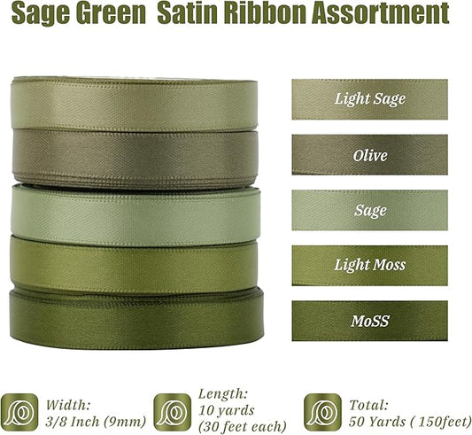Sage Green Satin Ribbon - 3/8 Inch, Moss Green, 5 Rolls, 50 Yards - Perfect for Wedding, Baby Shower, Gift Wrapping, Hair Corsages & Crafts