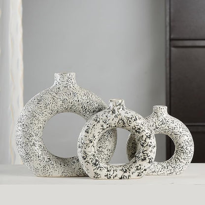 Ajuny Donut Vase Set of 3 – White & Grey Ceramic Hollow Vases for Pampas Grass, Modern Boho Home Decor, Table Centerpiece, Wedding, Living Room, Office, Bedroom (8", 6", 4")