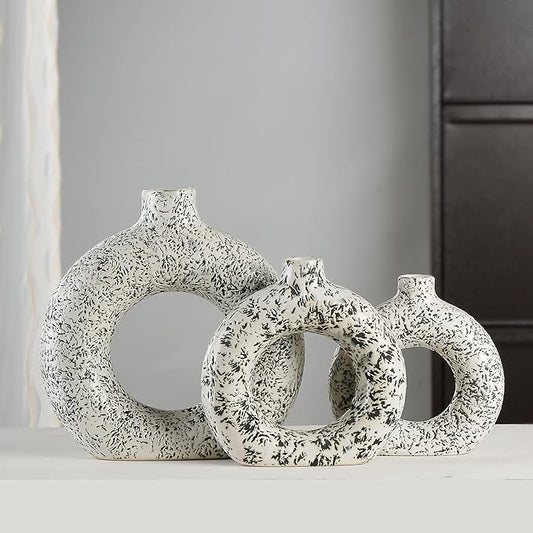 Ajuny Donut Vase Set of 3 – White & Grey Ceramic Hollow Vases for Pampas Grass, Modern Boho Home Decor, Table Centerpiece, Wedding, Living Room, Office, Bedroom (8", 6", 4")