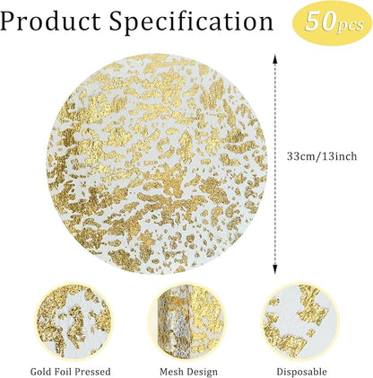 Hysenm 50 Pcs Disposable Gold Placemats Set Metallic 13 Inch Round Foil Mesh Pressed Table Doilies, Ultra-Thin Disposable Placement Mats for Home Decoration Dining Table Wedding Birthday Party