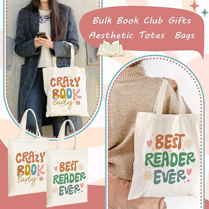 Sweetude 8 Pcs Christmas Book Lovers Club Gifts Bulk Canvas Tote Bags Bookish Librarian Reader Gift for Women Teacher Present(Retro)