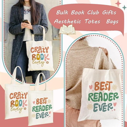 Sweetude 8 Pcs Christmas Book Lovers Club Gifts Bulk Canvas Tote Bags Bookish Librarian Reader Gift for Women Teacher Present(Retro)