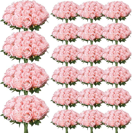 150 Pcs Roses Artificial Flowers, Silk Light Pink Artificial Flowers Petals Long Stem Roses for Wedding Bouquet Home Party Decor