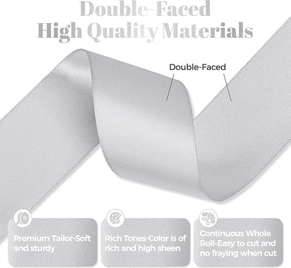 Silver Satin Ribbon, Double Faced 2 Inch X 25 Yards Silver Ribbon, Premium Satin Ribbon for Gift Wrapping, Crafts, Hair Bow Making, Sewing, Flower Bouquet, Wedding Party Decor