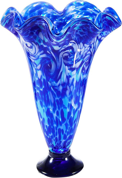 Luxury Lane Hand Blown Cobalt Blue Confetti Art Glass Flower Vase for Home Decor 12 inch Tall Centerpiece Table Decoration