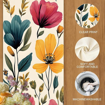 Watercolor Floral Table Runner – Elegant Red, Blue & Purple Blooms on Beige, 13x72 Inch Linen-Look Fabric for Dining Table, Kitchen, Spring & Summer Home Decor, Everyday Use